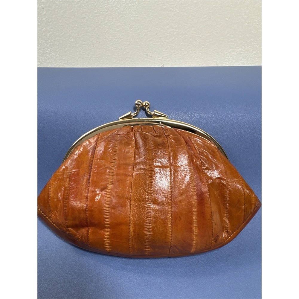 Lee Sands Vintage Genuine Eel Skin Coin Purse Cognac Brown Double Kiss Lock Boho